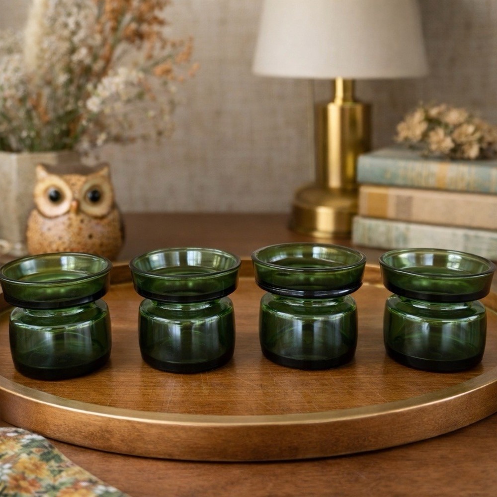 Dansk Vintage Green Glass Candle Holders Set of 4 | Mid Century Modern Danish